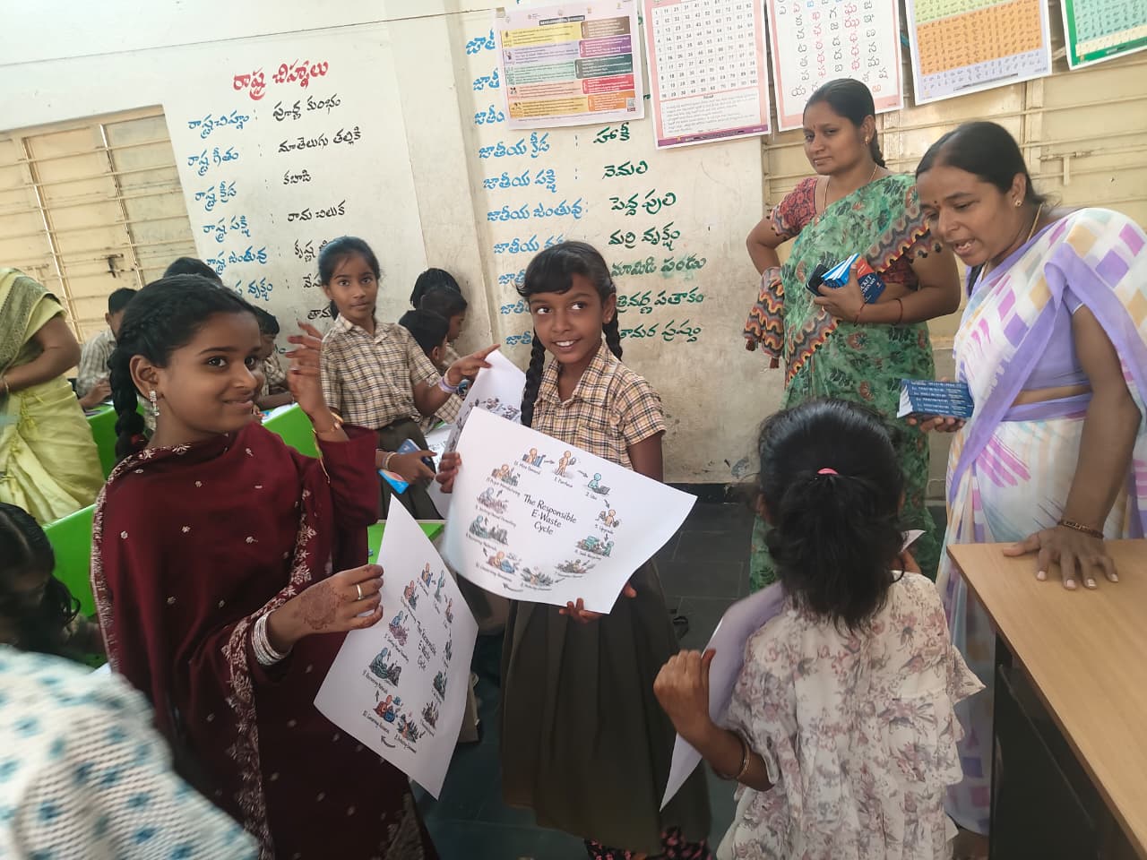 Classroom students holding The Responsible E-Waste Cycle diagram posters